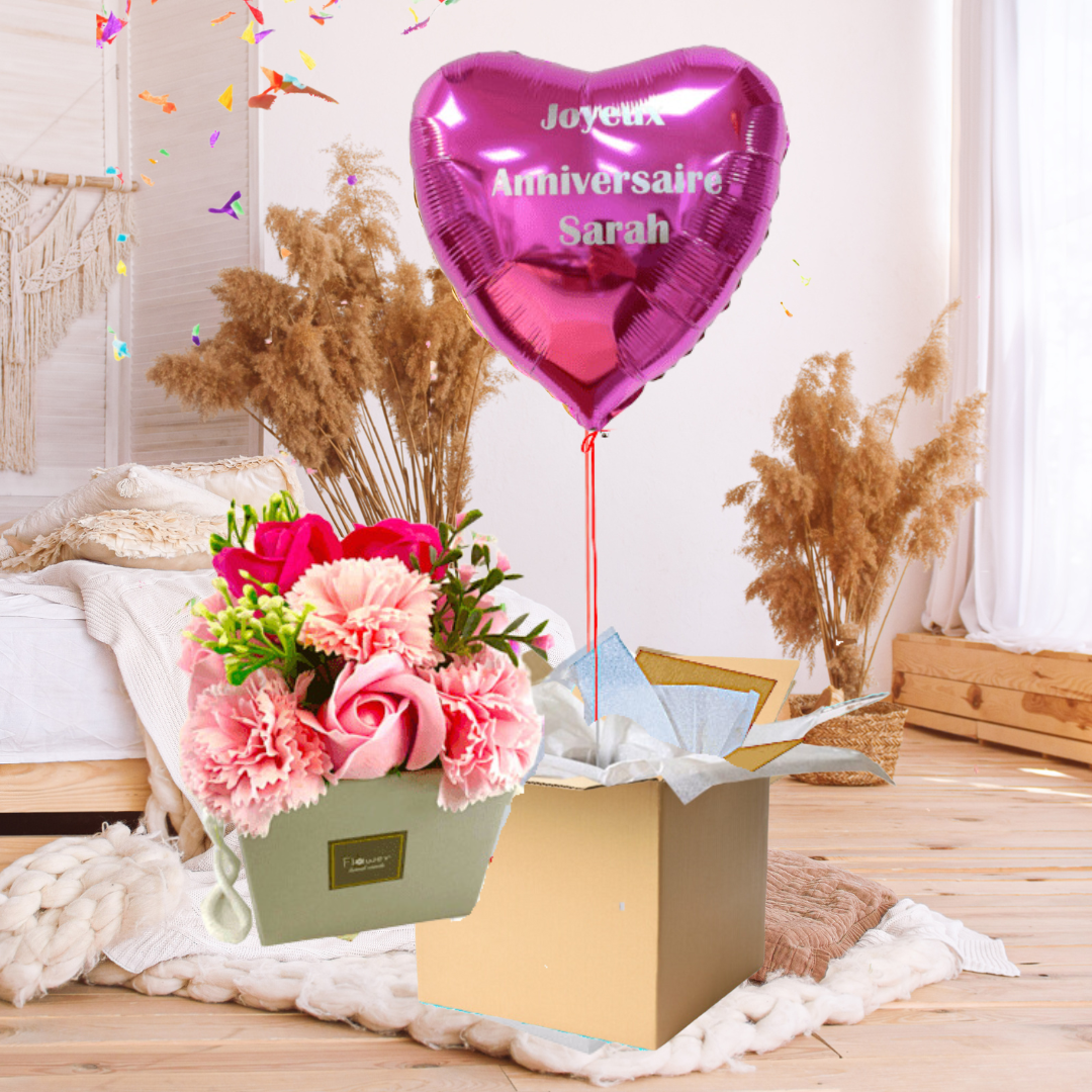 Ballon Cœur Rose à Personnaliser et son Bouquet de Fleurs en Savon