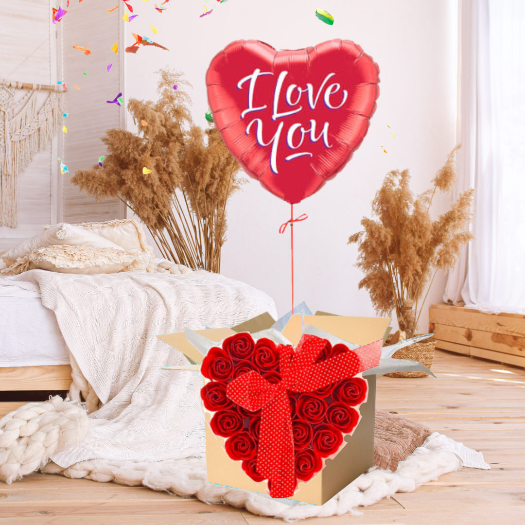 Ballon Cœur Rouge avec Coffret de 24 Roses Rouges en Savon – Un Cadeau d'Amour Personnalisé