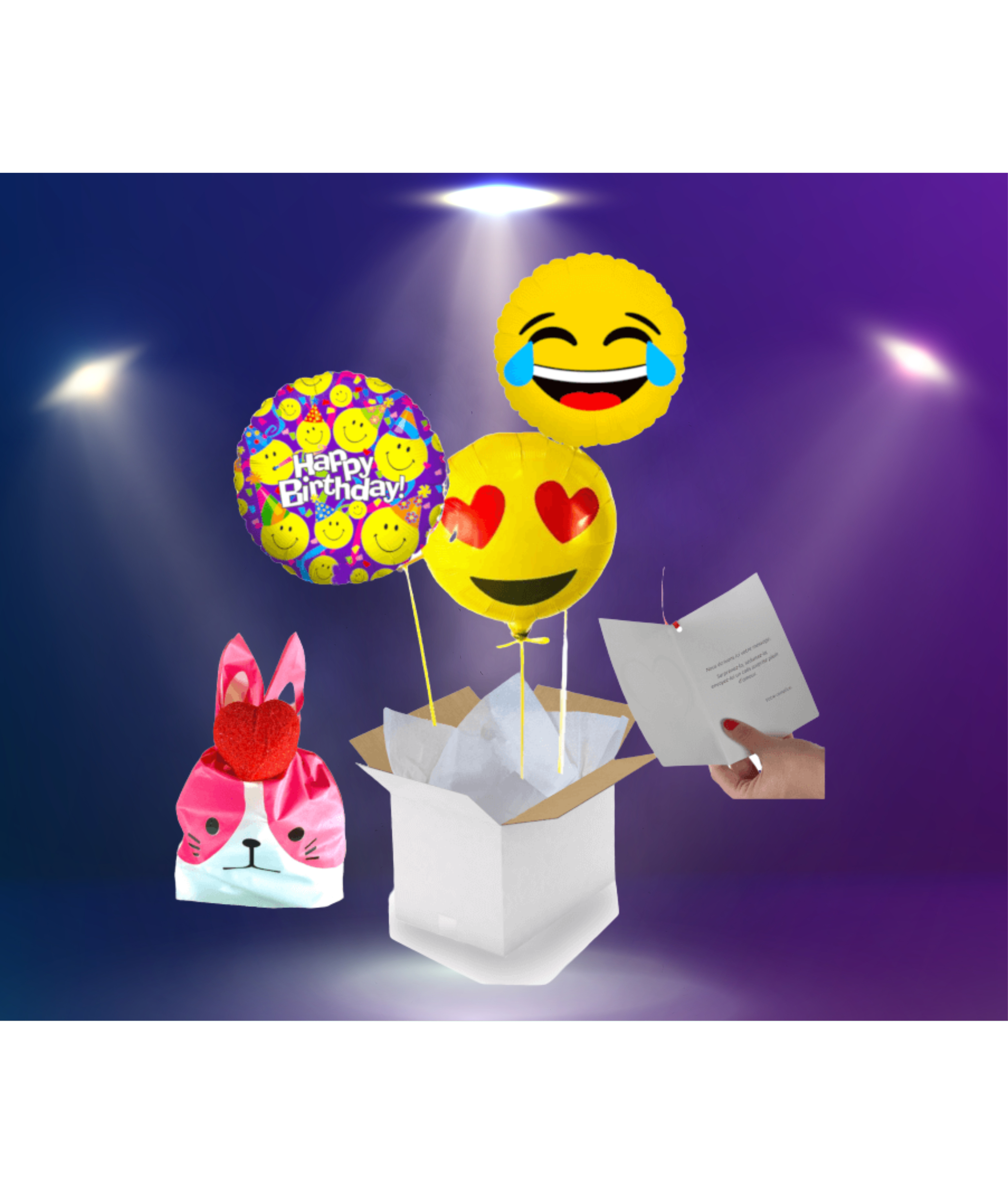 Bouquet de Ballon Emoji Happy Birthday et son Ballotin de Fraises Tagada Coeur