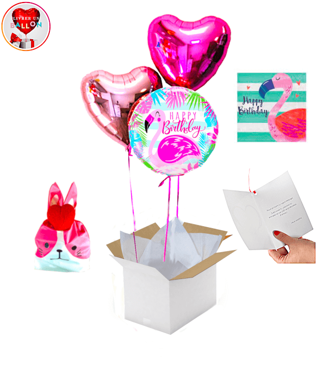 Bouquet de Ballons Happy Birthday Flamand Rose +Ballotin de Big Fraise Tagada