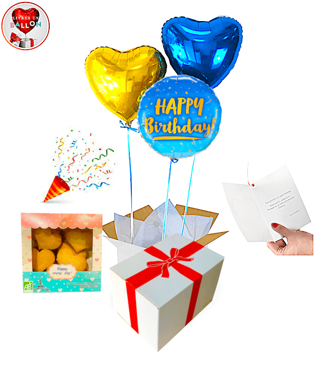 Bouquet de Ballons Happy Birthday astral + Biscuits Bio Coeurs Sucrés